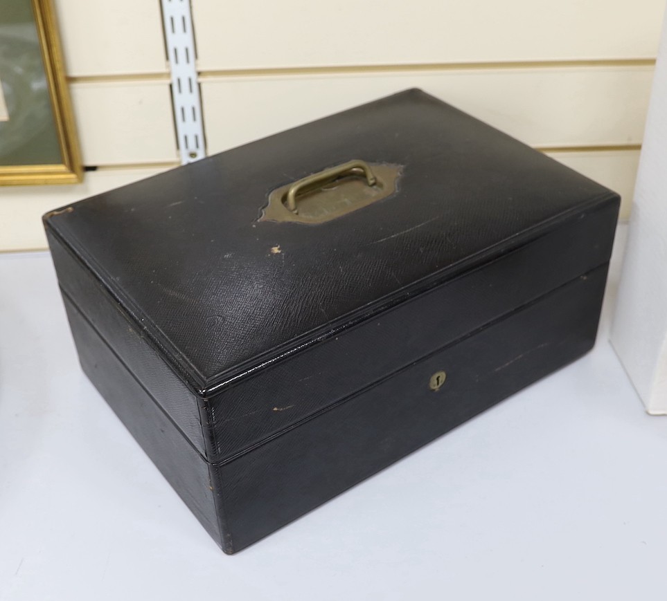 A Victorian leather-mounted stationary casket by Chubb, London, 41cms wide x 28 cms x 17cms deep
